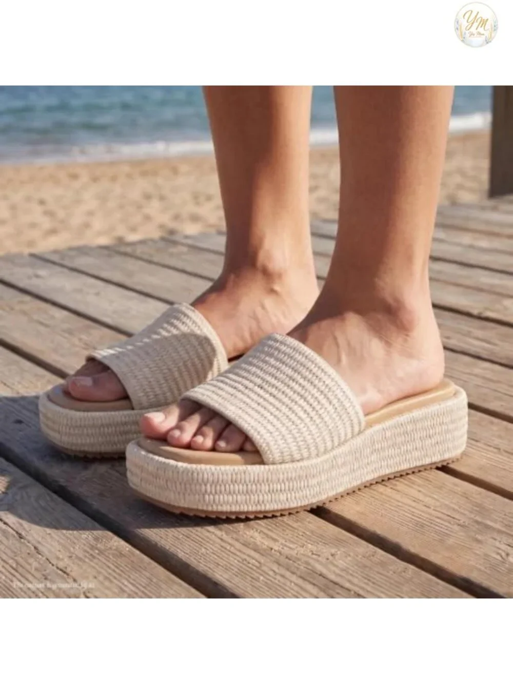 Raffia Platform Sandals Women Espadrille Slides Woven Straw Wedge Slip On